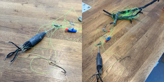 Fish hooks found in the water.